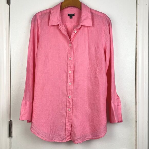 Talbots Petite MP 100% Linen Pink Long Sleeve Button Down Boyfriend Shirt Tunic - Picture 1 of 7